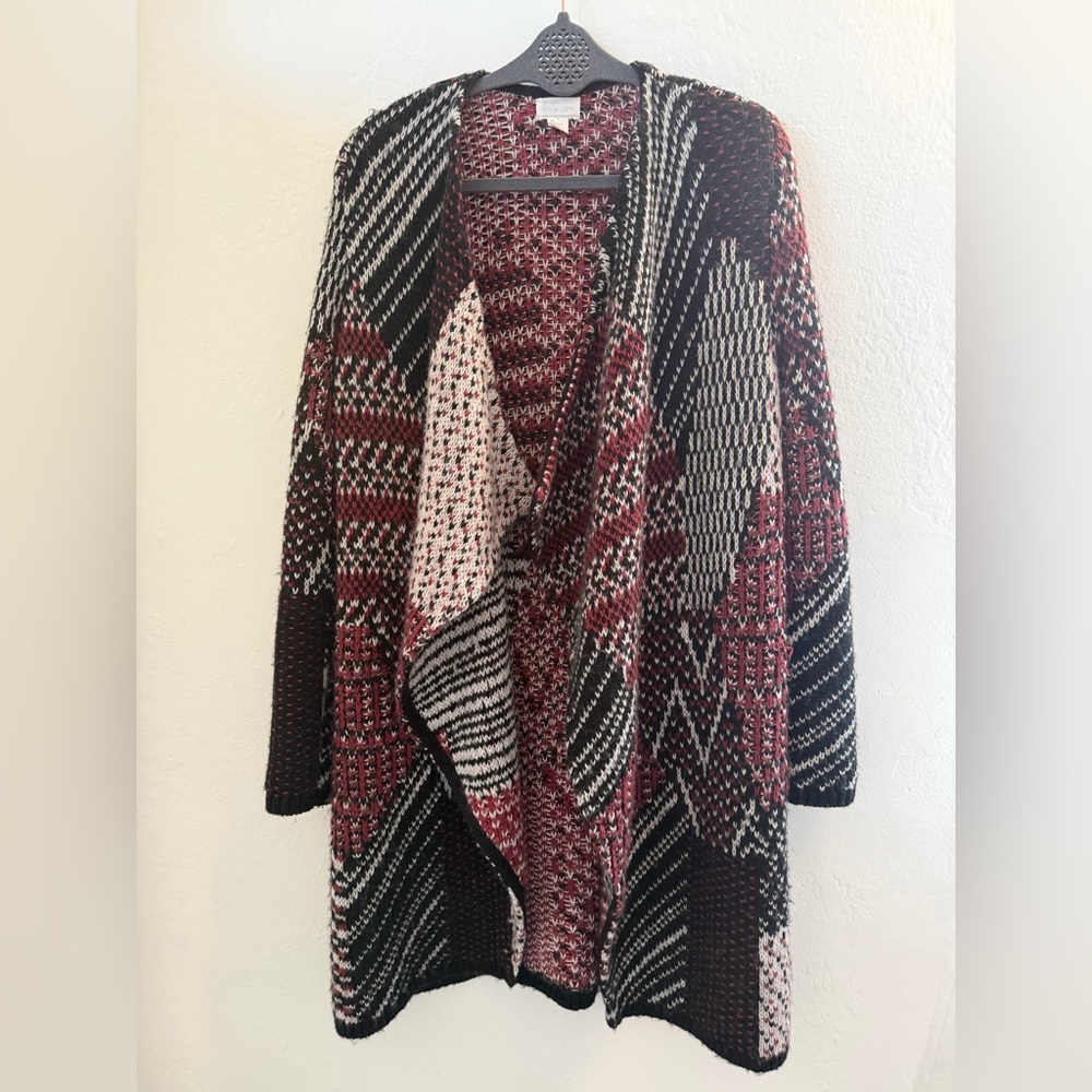 Caslon Wool Blend Patchwork Open Front Cardigan Sweater Medium Burgundy black - Picture 2 of 10